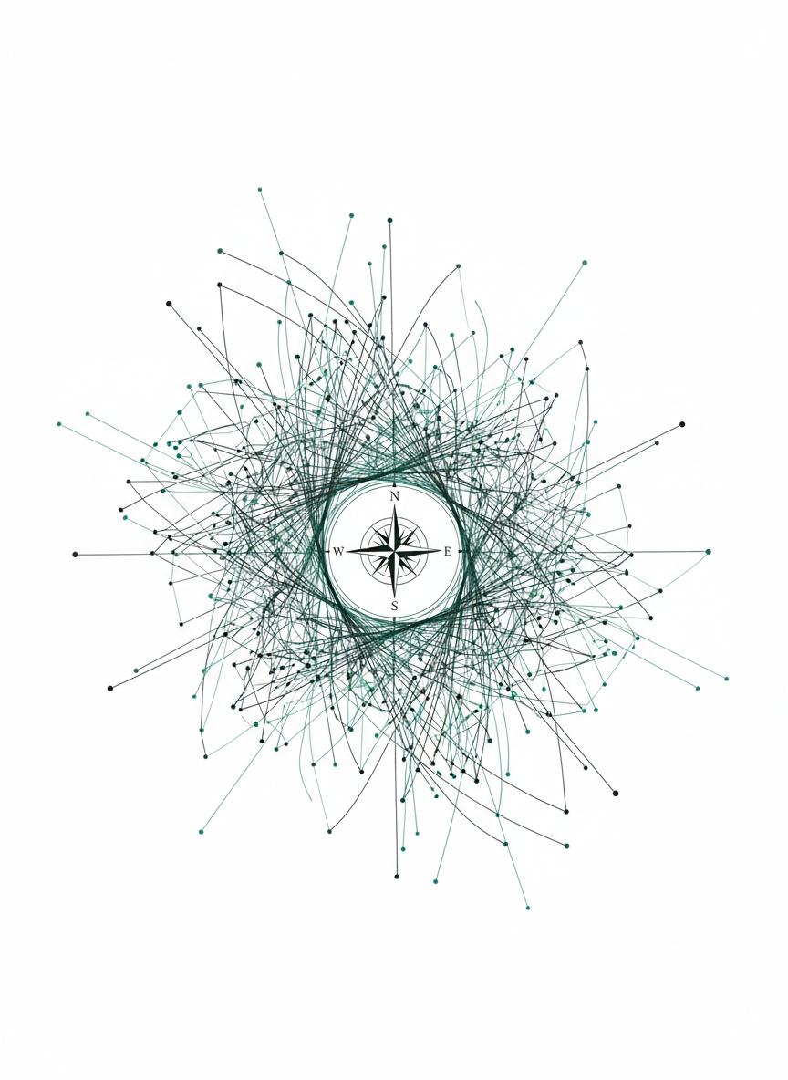 Black and dark petrol/teal-green fine line art illustration on pure white background. Abstract sociograph: a network of nodes and connecting lines radiating outward like a political map or social graph. Compass rose at center. Editorial illustration style, no photographs, no color fills, no gradients, pure ink line art only.