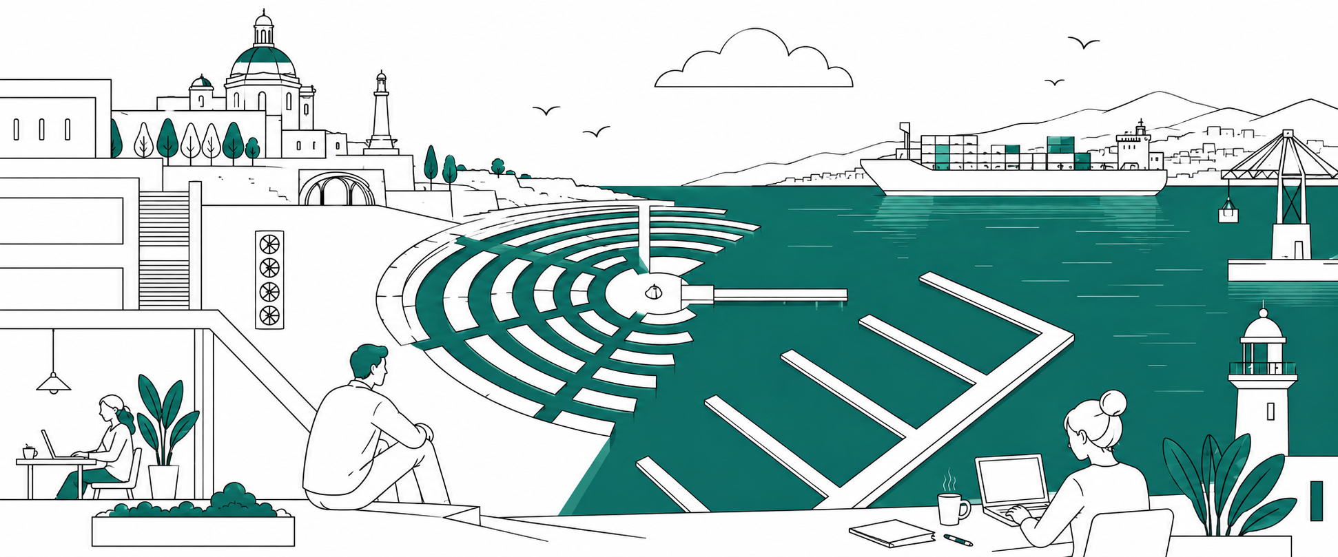Coworking sul porto mediterraneo - illustrazione editoriale